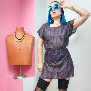 Vintage 70s/80s Purple Striped Glittery Mesh Cover Up Dress